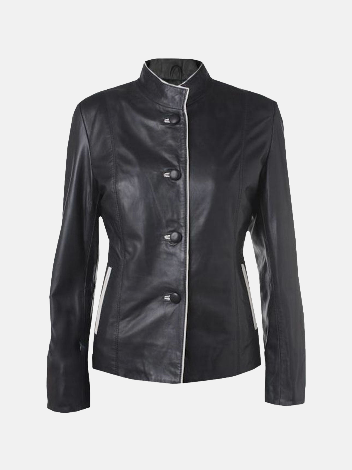 Women's Open Front Collarless Black Leather Jacket