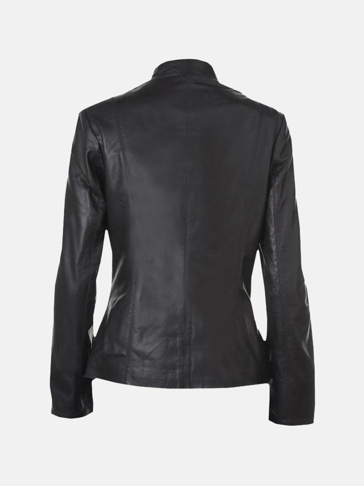 Women's Open Front Collarless Black Leather Jacket