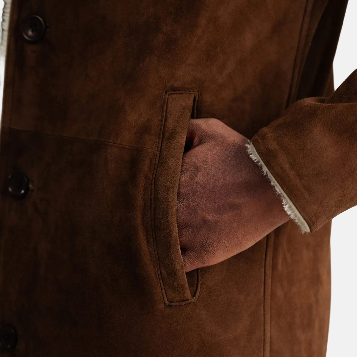 Men's Kolby Brown Suede Leather Shearling Long Coat