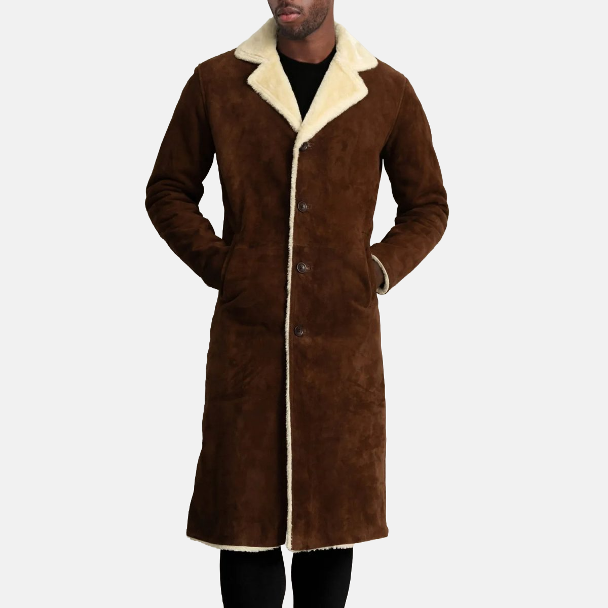 Men's Kolby Brown Suede Leather Shearling Long Coat