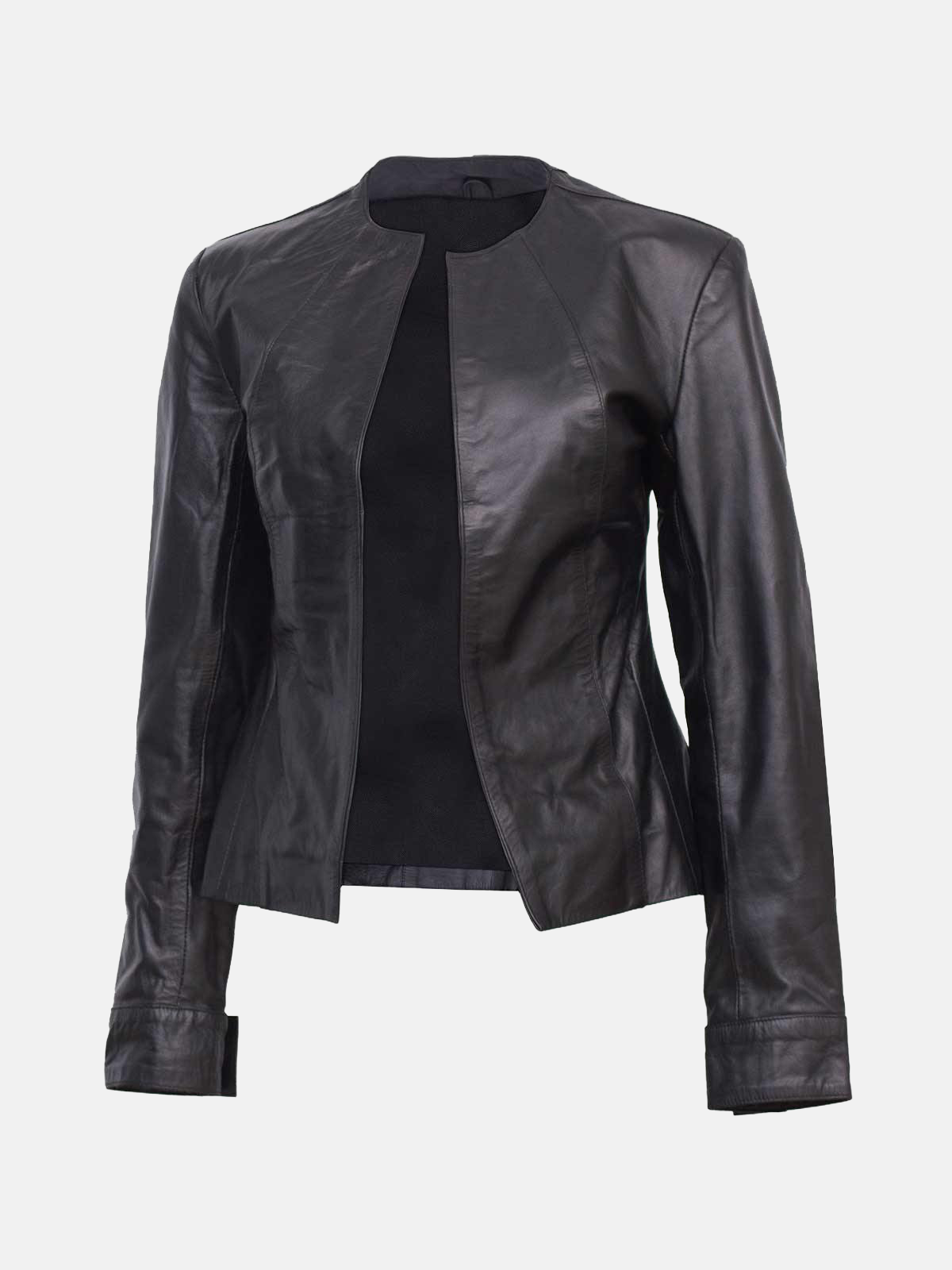 Women's Open Front Collarless Black Leather Jacket
