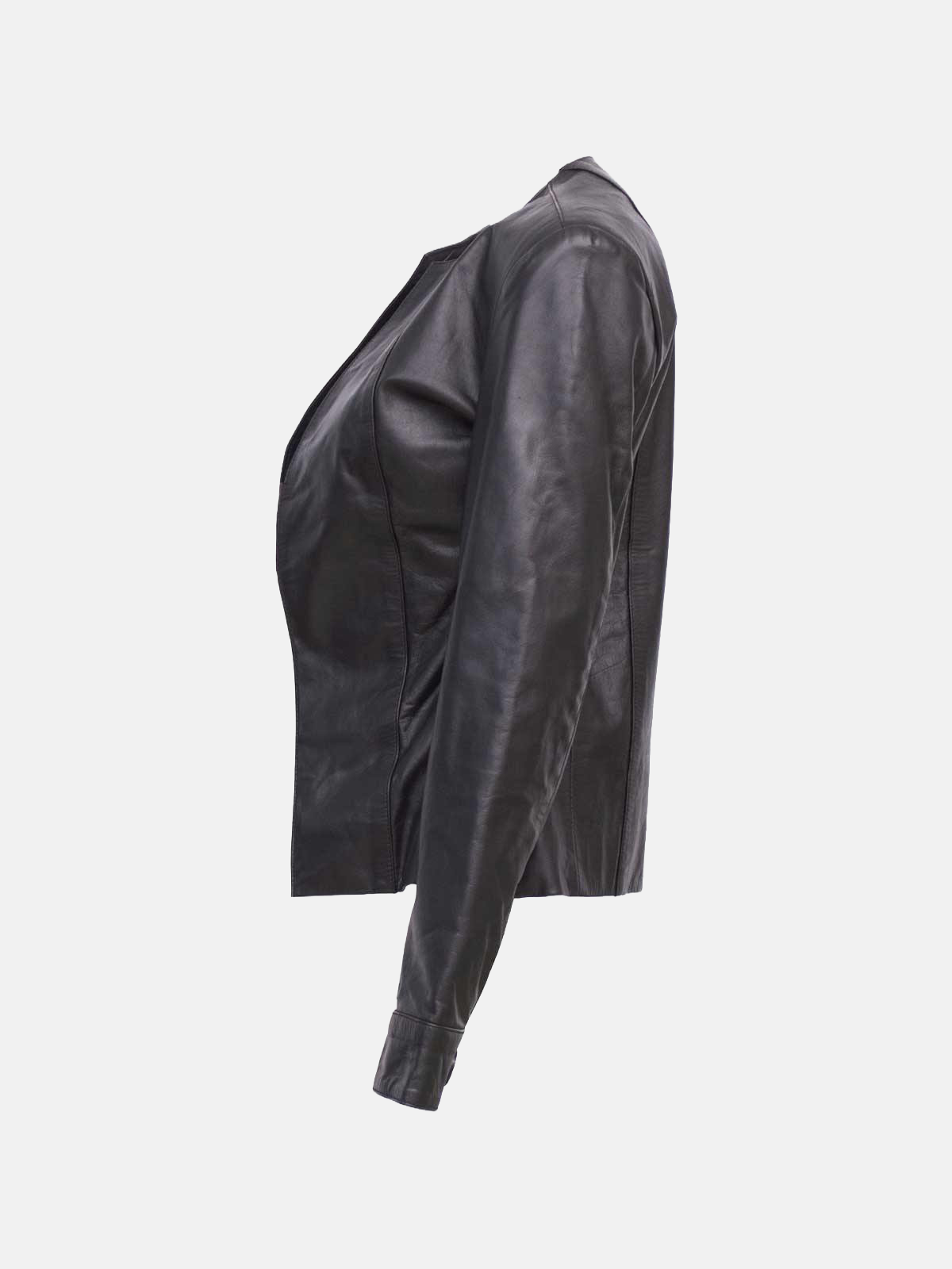 Women's Open Front Collarless Black Leather Jacket