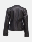 Women's Open Front Collarless Black Leather Jacket