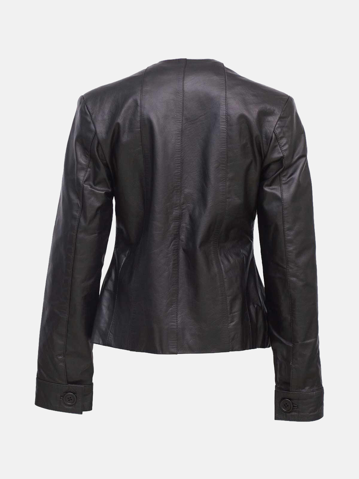 Women's Open Front Collarless Black Leather Jacket