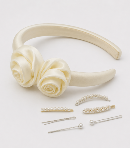 Shop the STYLEUPINNOVATION Ivory Satin Rose & Pearl Hair Set. Elevate your aesthetic with a luxurious padded rose headband and a curated stack of pearl hair clips. Own the contrast today.